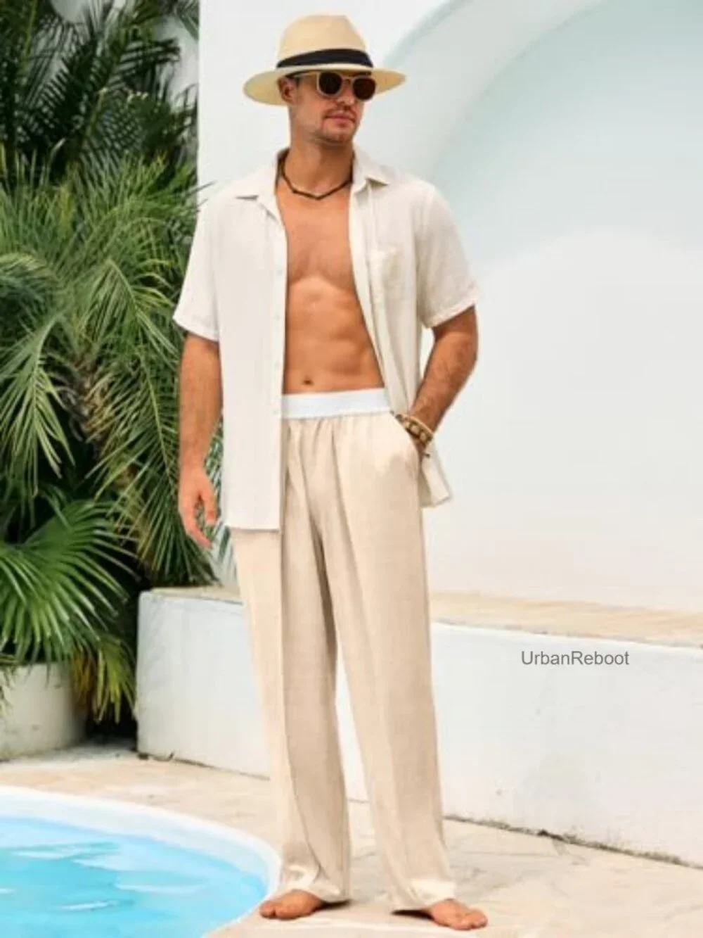 Mens Linen Pants Elastic Waist Straight Leg Casual Summer Yoga